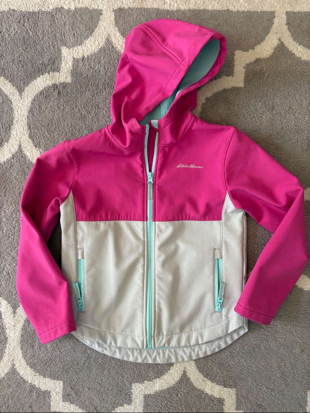 Girls S Eddie Bauer Hot Pink and Light Gray Hooded Softshell with Mint Accents